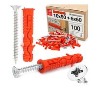LUN FIX Cheville À Frapper 10x50 mm Avec Vis 6x60 mm, 100 pcs, Brique | Chevilles Universelle Nylon Pour Beton, Placo, Fixation Mur Expansion