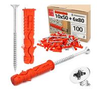 LUN FIX Cheville À Frapper 10x50 mm Avec Vis 6x80 mm, 100 pcs, Brique | Chevilles Universelle Nylon Pour Beton, Placo, Fixation Mur Expansion