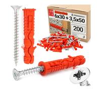 LUN FIX Cheville À Frapper 6x30 mm Avec Vis 3,5x50 mm, 200 pcs | Chevilles Universelle Nylon Pour Beton, Brique, Placo, Fixation Mur Expansion