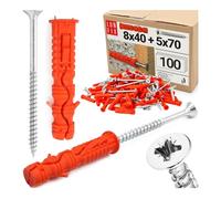 LUN FIX Cheville À Frapper 8x40 mm Avec Vis 5x70 mm, 100 pcs, Brique | Chevilles Universelle Nylon Pour Beton, Placo, Fixation Mur Expansion