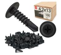 LUN FIX Lot de 100 vis autoforeuses 4,2 x 13 mm, noires, en acier fosfaté, avec rondelle PH cruciforme, vis métalliques pour cloisons sèches, profilé métallique, placoplâtre, bois
