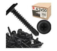 LUN FIX Lot de 250 vis autoforeuses 4,2 x 50 mm, noires, en acier fosfaté, avec rondelle PH cruciforme, vis métalliques pour cloisons sèches, profilé métallique, placoplâtre, bois