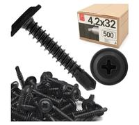 LUN FIX Lot de 500 vis autoforeuses 4,2 x 32 mm, noires, en acier fosfaté, avec rondelle PH cruciforme, vis métalliques pour cloisons sèches, profilé métallique, placoplâtre, bois