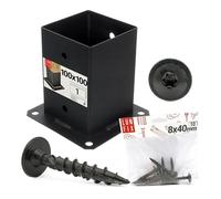 LUN FIX Support de poteau 100 x 100 mm, manchon de sol noir + 10 vis 8 x 40 | Douille à visser pour poteaux en bois, avec plaque d'ancrage en acier galvanisé de 2 mm