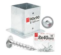 LUN FIX Support Poteau Carré 90x90 mm Avec 10 Vis 8x40 mm, Galvanisé | Fixation Terrasse Pour Pergola Bois, Platine, Pied De Poteau, Support À Visser, Ancrage Au Sol, Base Cloture Bois