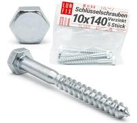 LUN FIX Tirefond 10x140 mm, DIN 571, Vis A Bois, Tete Hexagonale, Acier Zingue, 5 pcs, Visserie Charpente, Fixation Poteau Cloture, Support Ossature, Cheville Beton, Montage Portillon Panneau