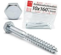 LUN FIX Tirefond 10x160 mm 5 pcs, DIN 571, Vis A Bois, Acier Zingue | Tete Hexagonale, Visserie Charpente, Fixation Poteau Cloture, Support Ossature, Cheville Beton, Montage Portillon Panneau