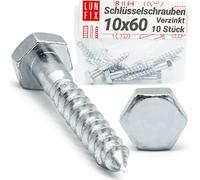 LUN FIX Tirefond 10x60 mm, DIN 571, Vis A Bois, Tete Hexagonale, Acier Zingue, 10 pcs, Visserie Charpente, Fixation Poteau Cloture, Support Ossature, Cheville Beton, Montage Portillon Panneau