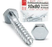 LUN FIX Tirefond 10x80 mm, DIN 571, Vis A Bois, Tete Hexagonale, Acier Zingue, 10 pcs, Visserie Charpente, Fixation Poteau Cloture, Support Ossature, Cheville Beton, Montage Portillon Panneau