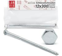 LUN FIX Tirefond 12x300 mm 2 pcs, DIN 571, Vis A Bois, Acier Zingue | Tete Hexagonale, Visserie Charpente, Fixation Poteau Cloture, Support Ossature, Cheville Beton, Montage Portillon Panneau