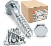 LUN FIX Tirefond 6x60 mm, DIN 571, Vis A Bois, Tete Hexagonale, Acier Zingue, 50 pcs, Visserie Charpente, Fixation Poteau Cloture, Support Ossature, Cheville Beton, Montage Portillon Panneau