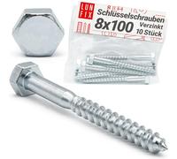 LUN FIX Tirefond 8x100 mm, DIN 571, Vis A Bois, Tete Hexagonale, Acier Zingue, 10 pcs, Visserie Charpente, Fixation Poteau Cloture, Support Ossature, Cheville Beton, Montage Portillon Panneau