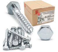 LUN FIX Tirefond 8x60 mm 50 pcs, DIN 571, Vis A Bois, Acier Zingue | Tete Hexagonale, Visserie Charpente, Fixation Poteau Cloture, Support Ossature, Cheville Beton, Montage Portillon Panneau