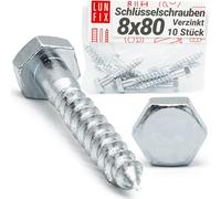 LUN FIX Tirefond 8x80 mm, DIN 571, Vis A Bois, Tete Hexagonale, Acier Zingue, 10 pcs, Visserie Charpente, Fixation Poteau Cloture, Support Ossature, Cheville Beton, Montage Portillon Panneau