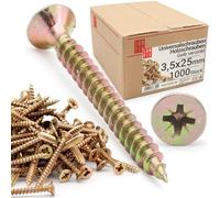 LUN FIX Vis a Bois 3,0x25 mm, 1000 Pièces, Jaune Galvanisée, Cruciforme PZ2, Tête Fraisée, Filetage Complet Autoforeuse, Universelles, Autotaraudeuses, pour Terrasse, Panneau Bois, Toit