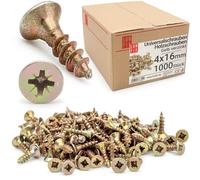 LUN FIX Vis a Bois 4,0x16 mm, 1000 Pièces, Jaune Galvanisée, Cruciforme PZ2, Tête Fraisée, Filetage Complet Autoforeuse, Universelles, Autotaraudeuses, pour Terrasse, Panneau Bois, Toit