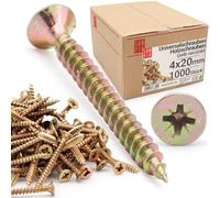 LUN FIX Vis a Bois 4,0x20 mm, 1000 Pièces, Jaune Galvanisée, Cruciforme PZ2, Tête Fraisée, Filetage Complet Autoforeuse, Universelles, Autotaraudeuses, pour Terrasse, Panneau Bois, Toit