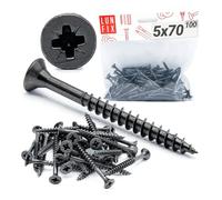 LUN FIX Vis À Bois 5x70 mm pour Plaque, Noir 100 pcs, Tête Fraisée PZ2 | Acier Zinguées, Filetage Partiel, Fixation Bois, Meubles, Vis Auto-Perceuses Panneaux, Contreplaqué, Cloisons Sèches