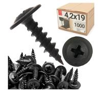 LUN FIX Vis A Bois Autotaraudeuses 4,2x19 mm 1000 pcs, Fixation Bois | Autoforeuse Noir Tête Plate Ronde Cruciforme Avec Bride Large, Vis Placo Acier Au Carbone, Plastique, Montage Rapide