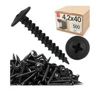 LUN FIX Vis A Bois Autotaraudeuses 4,2x40 mm 500 pcs, Autoforeuse Noir Tête Plate Ronde Cruciforme Avec Bride Large, Vis Placo Acier Au Carbone, Fixation Bois, Plastique, Montage Rapide