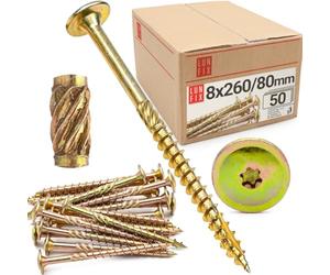 LUN FIX Vis à Bois de Charpente 8x260 mm, 50 pcs, TX40 Tête Plate Large | À Empreinte Torx, En Acier Zingué, Pour Terrasse, Toiture, Panneaux, Chevrons, Pour Constructions en Bois et de Toit