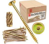 LUN FIX Vis à Bois de Charpente 8x300 mm, 50 pcs, TX40 Tête Plate Large | À Empreinte Torx, En Acier Zingué, Pour Terrasse, Toiture, Panneaux, Chevrons, Pour Constructions en Bois et de Toit