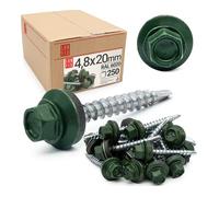 LUN FIX Vis Autoforeuse Metal 4,8x20 mm, EPDM, RAL 6020, 250 Pcs, Vert | Vis Autoperceuse, Autoperforante, Acier Galvanisé Pour Bac Acier Toiture Et Tôle, Tête Hexagonale Avec Rondelle Scellée