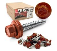 LUN FIX Vis Autoforeuse Metal 4,8x35 mm, EPDM, RAL 8004, 250 Pcs, Cuivré | Vis Autoperceuse, Autoperforante, Acier Galvanisé Pour Bac Acier Toiture Et Tôle, Tête Hexagonale Avec Rondelle Scellée