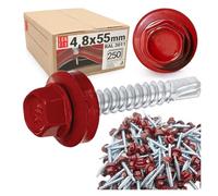 LUN FIX Vis Autoforeuse Metal 4,8x55 mm, EPDM, RAL 3011, 250 Pcs, Rouge | Vis Autoperceuse, Autoperforante, Acier Galvanisé Pour Bac Acier Toiture Et Tôle, Tête Hexagonale Avec Rondelle Scellée