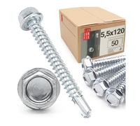LUN FIX Vis trapézoïdales 5,5x120 mm, DIN 7504K, tête hexagonale, acier galvanisé, vis auto-foreuses, vis à tôle, vis autotaraudeuses pour tôle ondulée, tôle de toit, tôle cannelée, lot de 50 pièces.