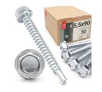 LUN FIX Vis trapézoïdales 5,5x90 mm, DIN 7504K, tête hexagonale, acier galvanisé, vis autotaraudeuses, vis à tôle, vis auto-découpantes pour tôle ondulée, tôle de toit, tôle de bardage, lot de 50