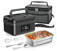 Lunch Box Chauffante, 1L Intelligente Gamelle Chauffante avec écran Tactile, Boite Chauffante Repas Portable à Chauffage Rapide avec Vaisselle en Acier Inoxydable et Sac Isotherme pour Voiture Bureau