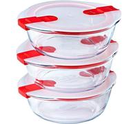 Lunch Box Pyrex Cook & Heat, Lot de 3, Rond, Verre, 1,1 L, Couvercle Valve Vapeur Micro-Onde