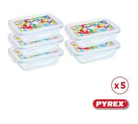 PYREX Cook & Go - Lot de 5 LunchBox Rectangulaires - 0,8L - Verre Borosilicate - Compatible four, micro-ondes et lave-vaisselle - Made in France (Couvercle Multicolore)