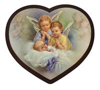 Lunexus Tableau ange gardien en forme de cœur - 14 x 15,5 cm - Trois anges prient sur le bébé endormi - Tableau mural en bois avec contours dorés et certificat - Décoration pour chambre d'enfant