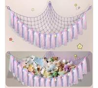 Lunriwis Filet de rangement pour animaux en peluche avec lumières LED - Style bohème - Décoration de chambre d'enfant - Sac de rangement - Hamac - Violet