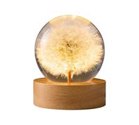 luolety Veilleuse boule de cristal de fleur, lampe boule de verre de 6 cm avec bois avec base de lumière LED, lampe de nuit de spécimen de fleur de chargement USB avec support (pissenlit)