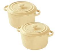 LUPATDY Lot de 2 Ramequin Four Ronds en Céramique avec Couvercle 400 ml, Mini Cocottes en Céramique avec Poignées pour Brûlée, Viande, Légumes, pour Friteuse à air, Lave-vaisselle, Jaune