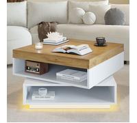 Luscriate - Table basse 65x65x40 cm, pivotante 360°, LED, étagères ouvertes, meuble salon, gain de place - Blanc, bois