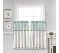 Lush Decor Ensemble de Rideaux de fenêtre de Cuisine à Boutons en Lin, 73,7 cm de Long x 91,4 cm de Large, Bleu et Blanc
