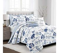 Lush Decor Harbor Life - Parure de lit réversible 7 pièces pour très Grand lit, Indigo - Couette Nautique rayée - Imprimé Vie Marine - Literie côtière avec Coussins décoratifs - Décoration de Plage