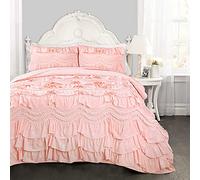 Lush Decor Kemmy Parure de lit 3 pièces à Volants avec Couette pour lit Double Queen Size - Décoration raffinée - Rose pêche