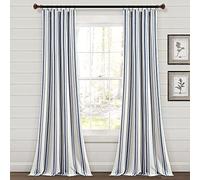 Lush Decor Paire de Rideaux de fenêtre en Coton Teint à Rayures de Style Ferme, 106,7 cm de Large x 213,4 cm de Long, Bleu Marine - Charme Rustique Moderne Classique - Tissu en Coton respectueux de