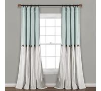 Lush Decor Panneau de rideau de fenêtre à boutons en lin pour lit simple, 101,6 x 274,3 cm (l x L), bleu et blanc - Rideaux de campagne - Décor rustique - Rideaux modernes de ferme pour salon, chambre