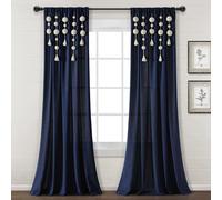 Lush Decor Panneau de Rideau de fenêtre en Lin avec Pompons bohème (Panneau Simple), 213,4 cm (L) x 132,1 cm (l), Bleu Marine
