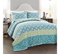 Lush Decor Parure de lit bohème à Rayures réversibles 3 pièces, lit Double, Bleu et Vert, Coton