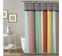 Lush Decor Rideau de Douche bohème en Tissu imprimé coloré à Rayures Verticales avec Pompons, 183 x 183 cm, Multicolore