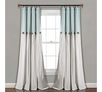 Lush Decor Rideau de fenêtre à Boutons en Lin, mélange de Coton, Bleu et Blanc cassé, 101,6 cm de Large x 213,4 cm de Long