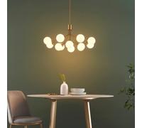 Lustre Audrey laiton 12 globes verre blanc réglable | 12 globes lumineux, finition laiton, 12 culots G9, hauteur réglable, convertible en plafonnier