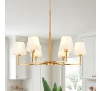 Lustre Doré 6 Lumières pour Le Salon, Abat-Jour en Tissu, Moderne, E14 | Pour Chambre,Salle À Manger Et Le Couloir, Ø75 cm, 40W Max., Hauteur Réglable, Lumière Douce